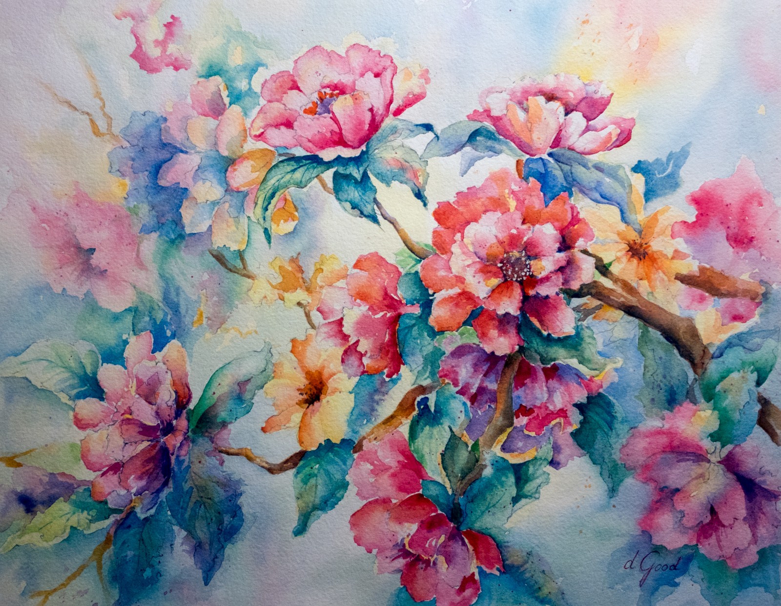 Pink dogwood blossoms follow branching stems through washes of rose, blue and violet.