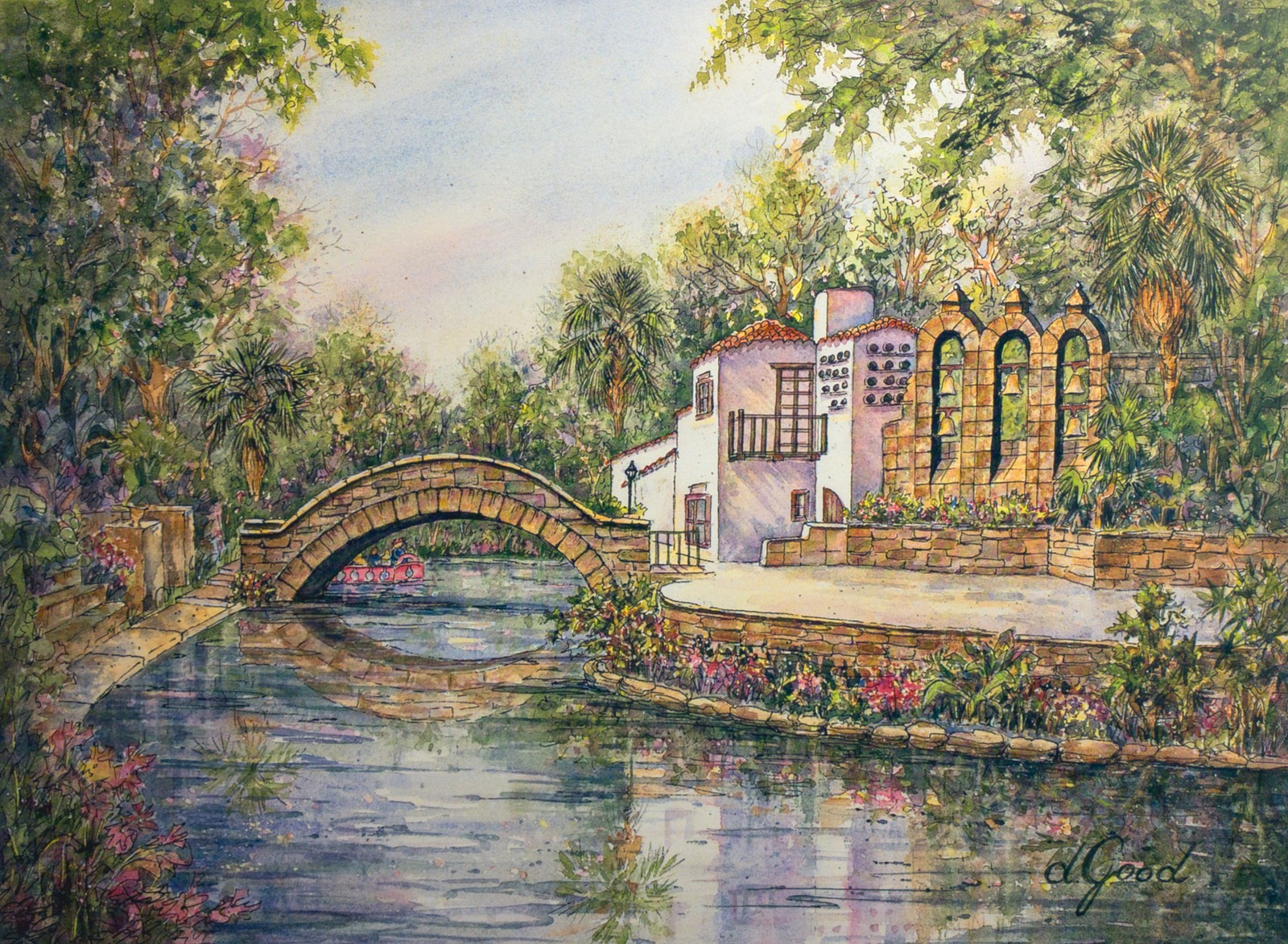 A stone bridge arches over the San Antonio River, where trees and riverside buildings reflect in the water.