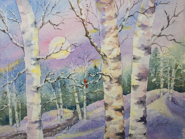 A small red bird rests among pale aspen trunks beneath a blue and lavender winter sky.