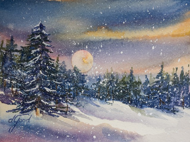 A golden moon shines above snowy pines in a landscape of blue and violet.