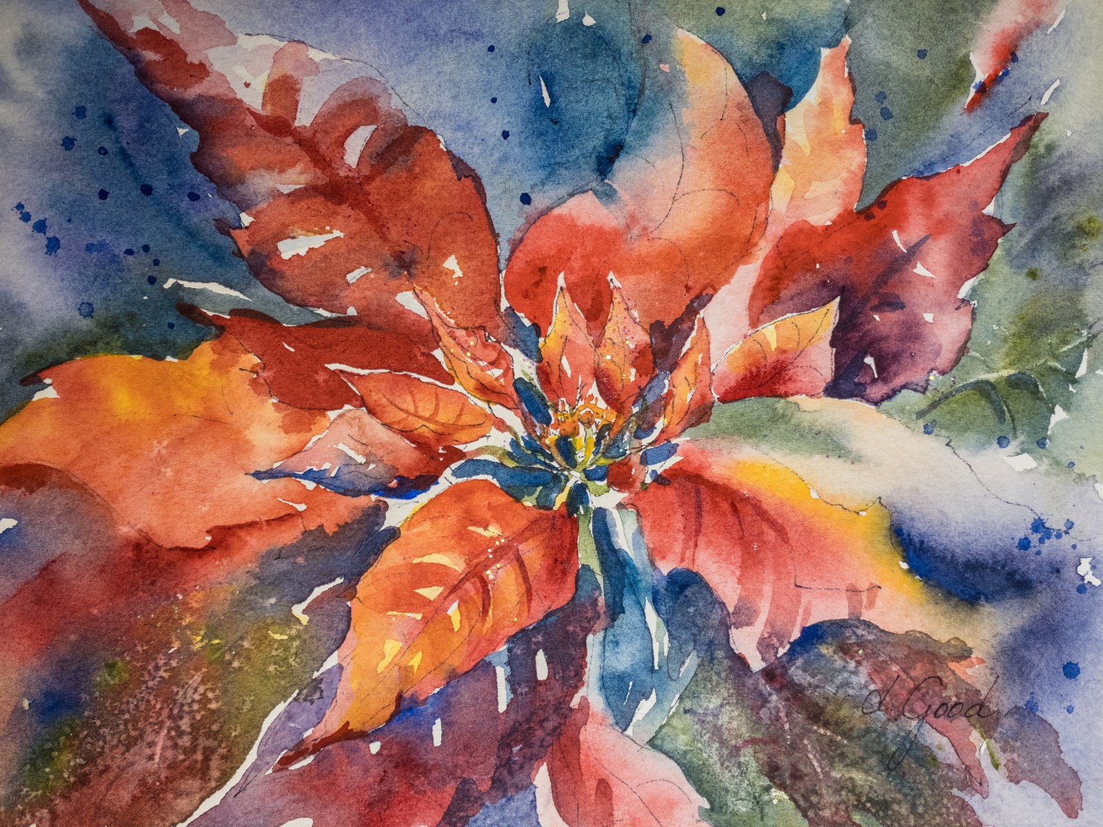 Bright red and orange poinsettia leaves spread across loose blue and green washes.