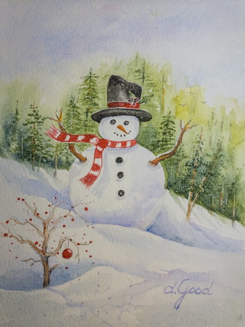 A smiling snowman wears a black hat and a red striped scarf among snowy trees.
