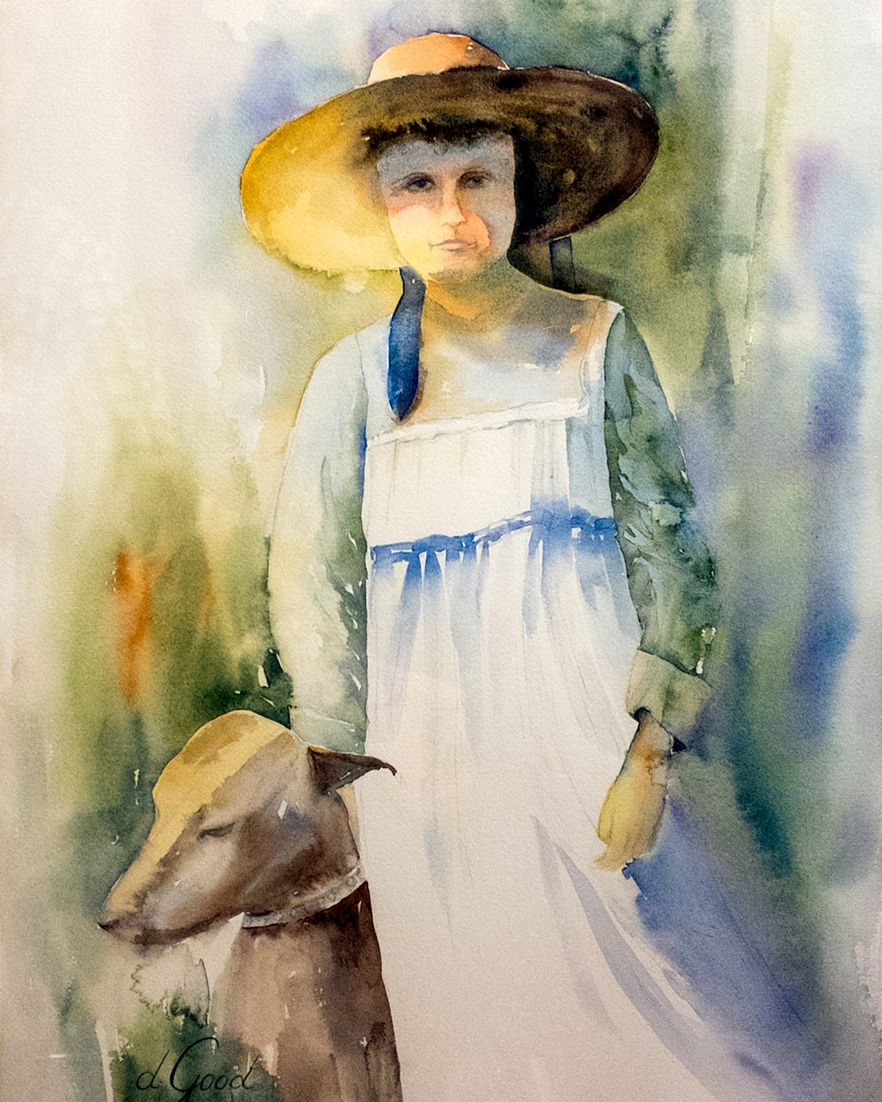 A girl wearing a straw hat and apron stands beside her dog.